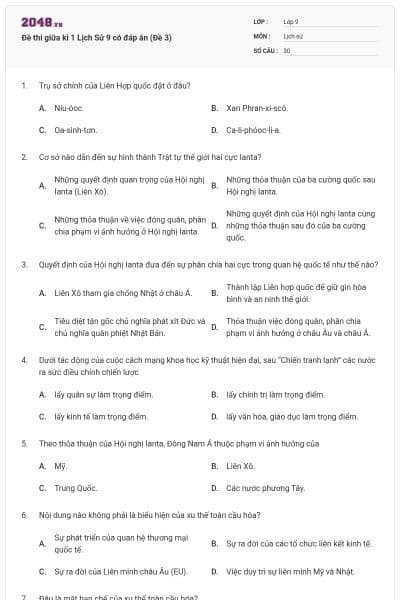 Đề thi giữa kì 1 Lịch Sử 9 có đáp án (Đề 3)