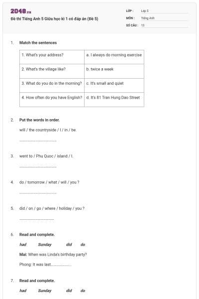 Đề thi Tiếng Anh 5 Giữa học kì 1 có đáp án (Đề 5)