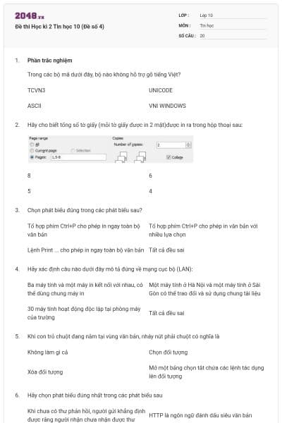 Đề thi Học kì 2 Tin học 10 (Đề số 4)