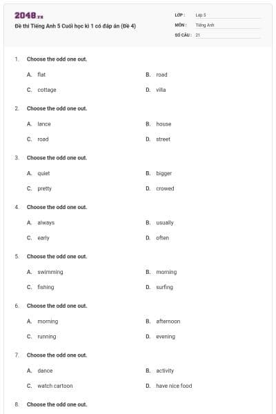 Đề thi Tiếng Anh 5 Cuối học kì 1 có đáp án (Đề 4)