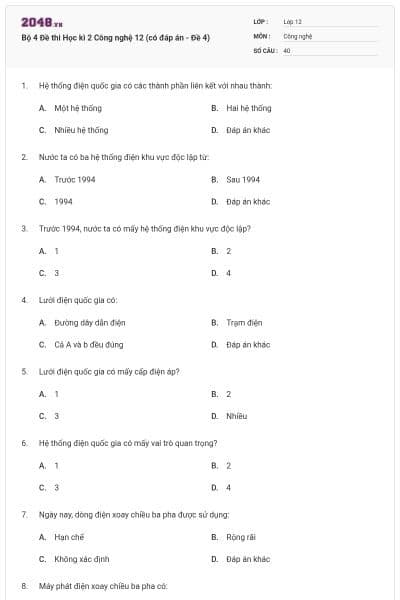 Bộ 4 Đề thi Học kì 2 Công nghệ 12 (có đáp án - Đề 4)