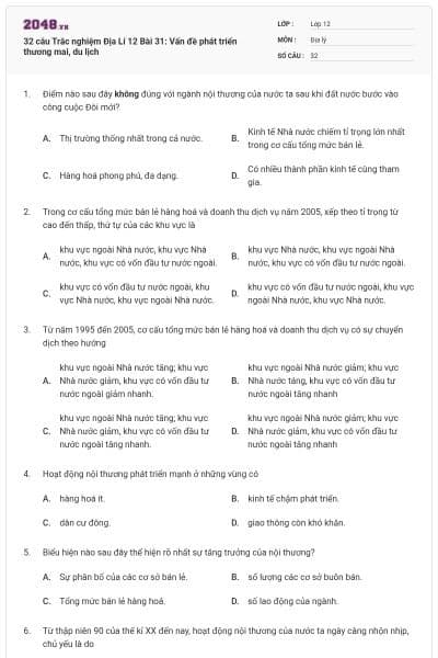 32 câu Trắc nghiệm Địa Lí 12 Bài 31: Vấn đề phát triển thương mai, du lịch