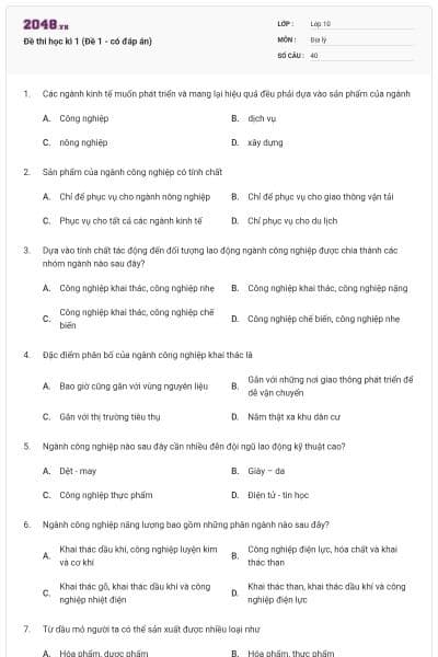 Đề thi học kì 1 (Đề 1 - có đáp án)