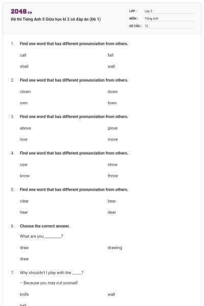 Đề thi Tiếng Anh 5 Giữa học kì 2 có đáp án (Đề 1)