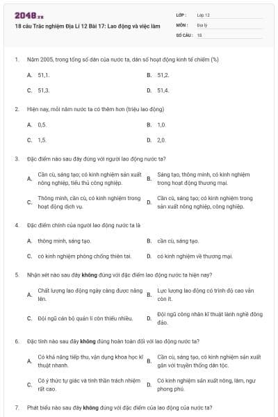 18 câu Trắc nghiệm Địa Lí 12 Bài 17: Lao động và việc làm