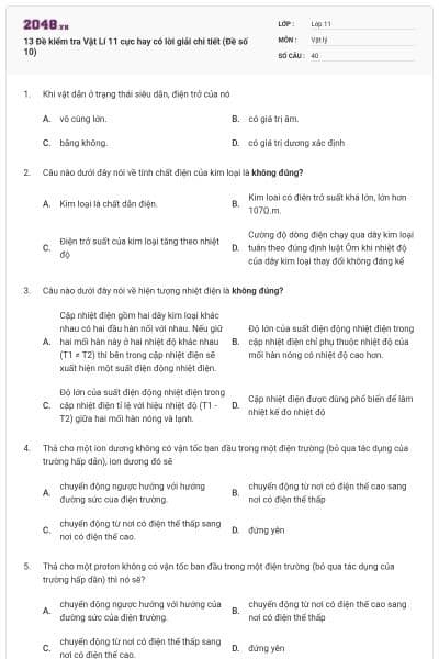 13 Đề kiểm tra Vật Lí 11 cực hay có lời giải chi tiết (Đề số 10)