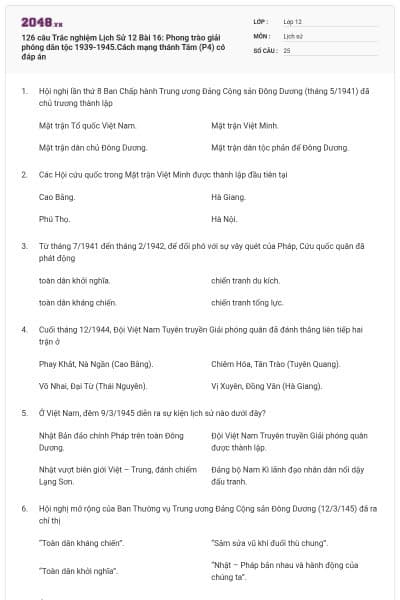 126 câu  Trắc nghiệm Lịch Sử 12 Bài 16: Phong trào giải phóng dân tộc 1939-1945.Cách mạng thánh Tám (P4) có đáp án