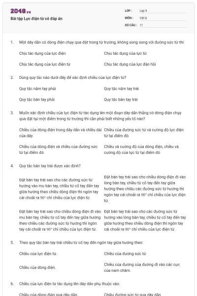 Bài tập Lực điện từ có đáp án