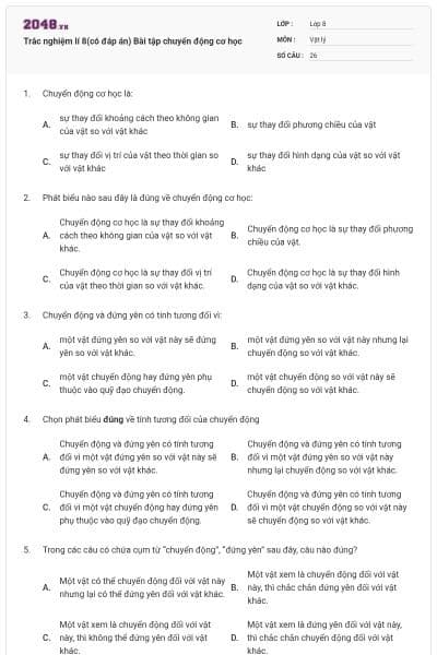 Trắc nghiệm lí 8(có đáp án) Bài tập chuyển động cơ học