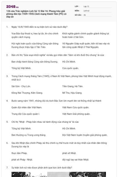 126 câu  Trắc nghiệm Lịch Sử 12 Bài 16: Phong trào giải phóng dân tộc 1939-1945.Cách mạng thánh Tám (P5) có đáp án
