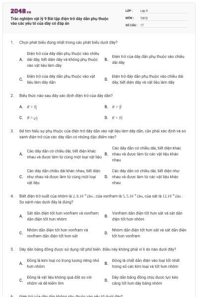 Trắc nghiệm vật lý 9 Bài tập điện trở dây dẫn phụ thuộc vào các yếu tố của dây có đáp án