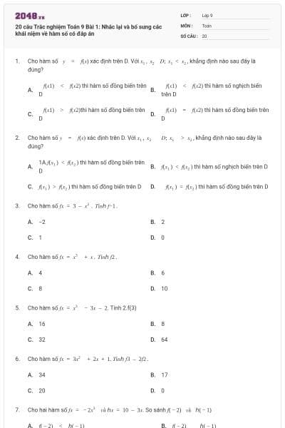 20 câu Trắc nghiệm Toán 9 Bài 1: Nhắc lại và bổ sung các khái niệm về hàm số có đáp án