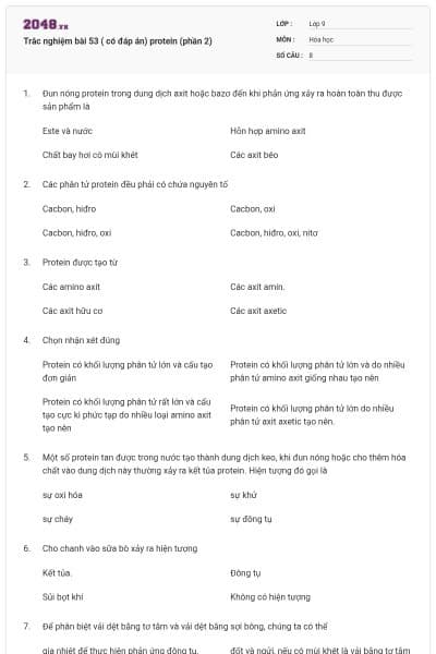 Trắc nghiệm bài 53 ( có đáp án) protein (phần 2)