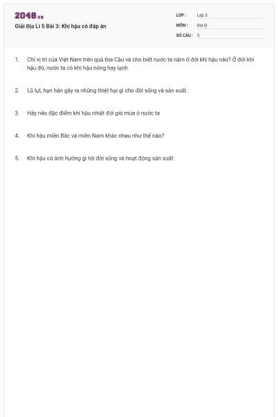 Giải Địa Lí 5 Bài 3: Khí hậu có đáp án