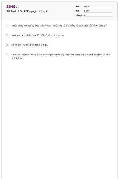 Giải Địa Lí 5 Bài 4: Sông ngòi có đáp án