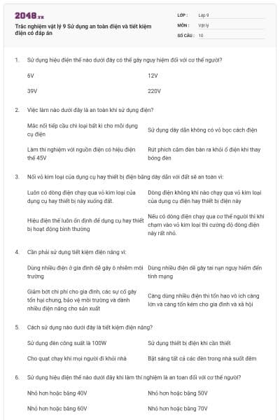 Trắc nghiệm vật lý 9 Sử dụng an toàn điện và tiết kiệm điện có đáp án