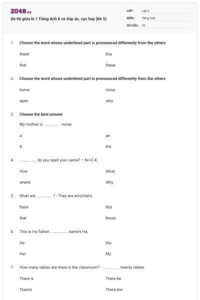 Đề thi giữa kì 1 Tiếng Anh 6 có đáp án, cực hay (Đề 5)