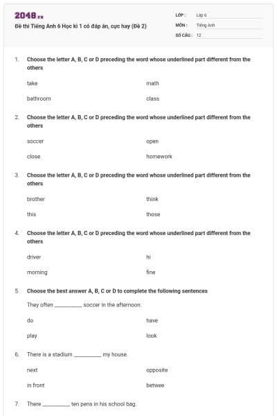Đề thi Tiếng Anh 6 Học kì 1 có đáp án, cực hay (Đề 2)