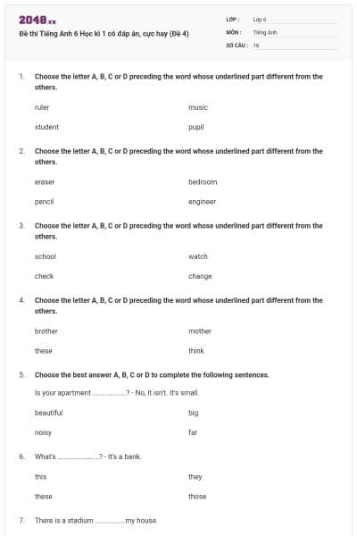 Đề thi Tiếng Anh 6 Học kì 1 có đáp án, cực hay (Đề 4)
