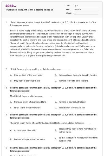 Trắc nghiệm Tiếng Anh 9 Unit 3 Reading có đáp án