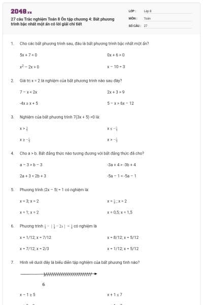 27 câu Trắc nghiệm Toán 8 Ôn tập chương 4: Bất phương trình bậc nhất một ẩn có lời giải chi tiết