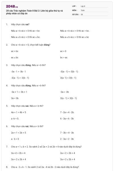 28 câu Trắc nghiệm Toán 8 Bài 2: Liên hệ giữa thứ tự và phép nhân có đáp án