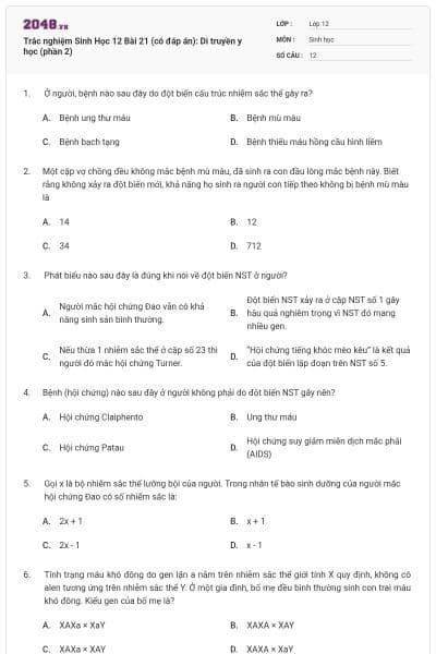 Trắc nghiệm Sinh Học 12 Bài 21 (có đáp án): Di truyền y học (phần 2)