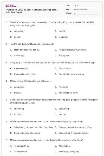 Trắc nghiệm GDCD 10 Bài 13: Công dân với cộng đồng ( phần 1) có đáp án