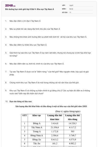 Bồi dưỡng học sinh giỏi lớp 8 Bài 9. Khu vực Tây Nam Á