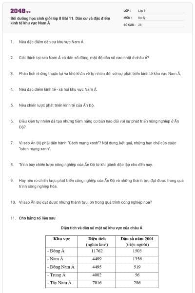 Bồi dưỡng học sinh giỏi lớp 8 Bài 11. Dân cư và đặc điểm kinh tế khu vực Nam Á