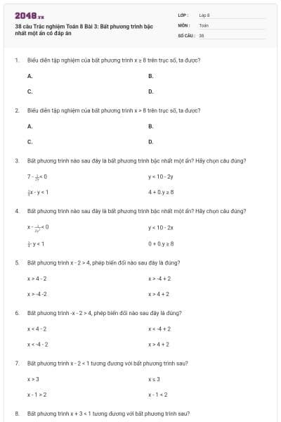 38 câu Trắc nghiệm Toán 8 Bài 3: Bất phương trình bậc nhất một ẩn có đáp án