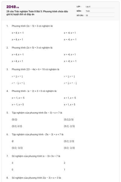 28 câu Trắc nghiệm Toán 8 Bài 5: Phương trình chứa dấu giá trị tuyệt đối có đáp án