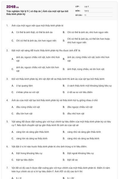 Trắc nghiệm Vật lý 9 ( có đáp án ) Ảnh của một vật tạo bởi thấu kính phân kỳ