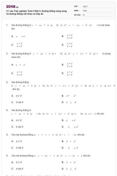 21 câu Trắc nghiệm Toán 9 Bài 4: Đường thẳng song song và đường thẳng cắt nhau có đáp án