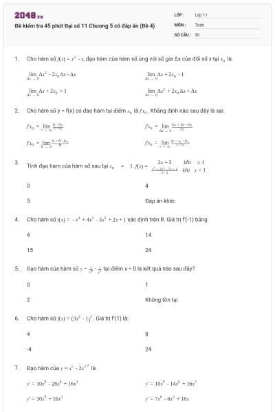 Đề kiểm tra 45 phút Đại số 11 Chương 5 có đáp án (Đề 4)