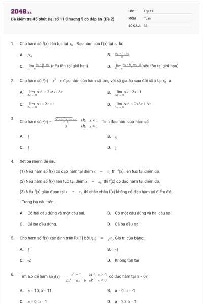 Đề kiểm tra 45 phút Đại số 11 Chương 5 có đáp án (Đề 2)