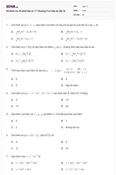 Đề kiểm tra 45 phút Đại số 11 Chương 5 có đáp án (Đề 4)