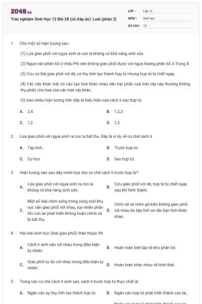Trắc nghiệm Sinh Học 12 Bài 28 (có đáp án): Loài (phần 2)