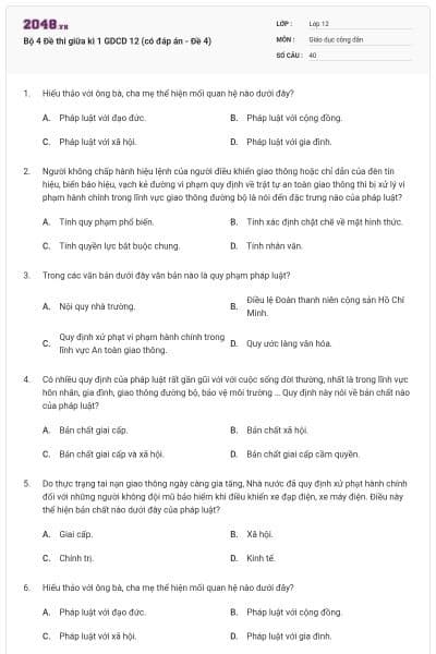 Bộ 4 Đề thi giữa kì 1 GDCD 12 (có đáp án - Đề 4)