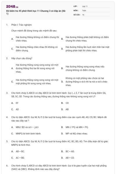 Đề kiểm tra 45 phút Hình học 11 Chương 3 có đáp án (Đề 1)