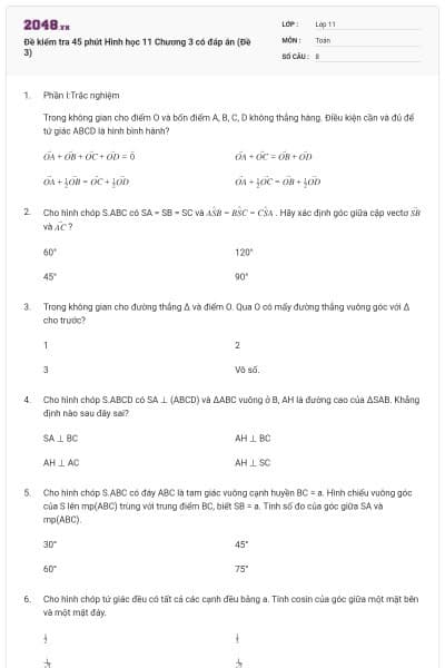 Đề kiểm tra 45 phút Hình học 11 Chương 3 có đáp án (Đề 3)