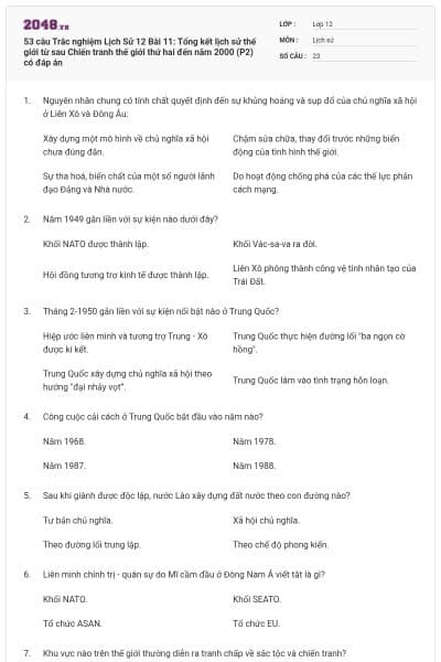 53 câu Trắc nghiệm Lịch Sử 12 Bài 11: Tổng kết lịch sử thế giới từ sau Chiến tranh thế giới thứ hai đến năm 2000 (P2) có đáp án