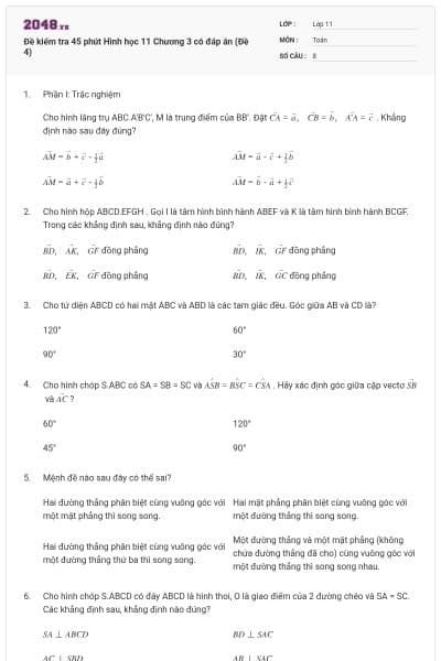 Đề kiểm tra 45 phút Hình học 11 Chương 3 có đáp án (Đề 4)