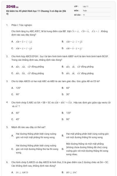 Đề kiểm tra 45 phút Hình học 11 Chương 3 có đáp án (Đề 4)