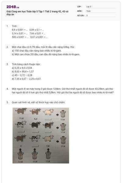 Giải Cùng em học Toán lớp 5 Tập 1 Tiết 2 trang 42, 43 có đáp án