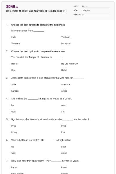 Đề kiểm tra 45 phút Tiếng Anh 9 Học kì 1 có đáp án (Đề 1)