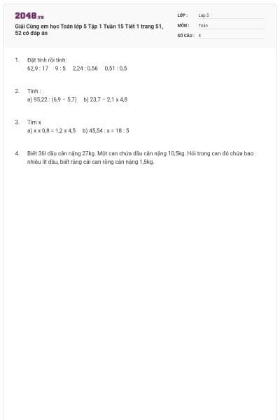 Giải Cùng em học Toán lớp 5 Tập 1 Tuần 15 Tiết 1 trang 51, 52 có đáp án