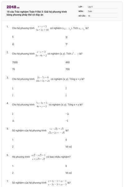 18 câu Trắc nghiệm Toán 9 Bài 3: Giải hệ phương trình bằng phương pháp thế có đáp án