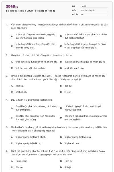 Bộ 4 Đề thi Học kì 1 GDCD 12 (có đáp án - Đề 1)