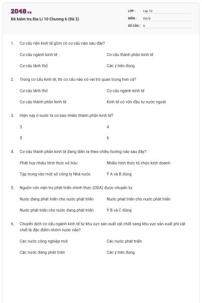 Đề kiểm tra Địa Lí 10 Chương 6 (Đề 2)